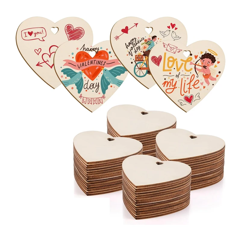 100pcs/lot Natural Wooden Heart for Crafts, Unfinished Heart Shaped Wood Slice with Twines for Valentine's Day Wedding Ornaments