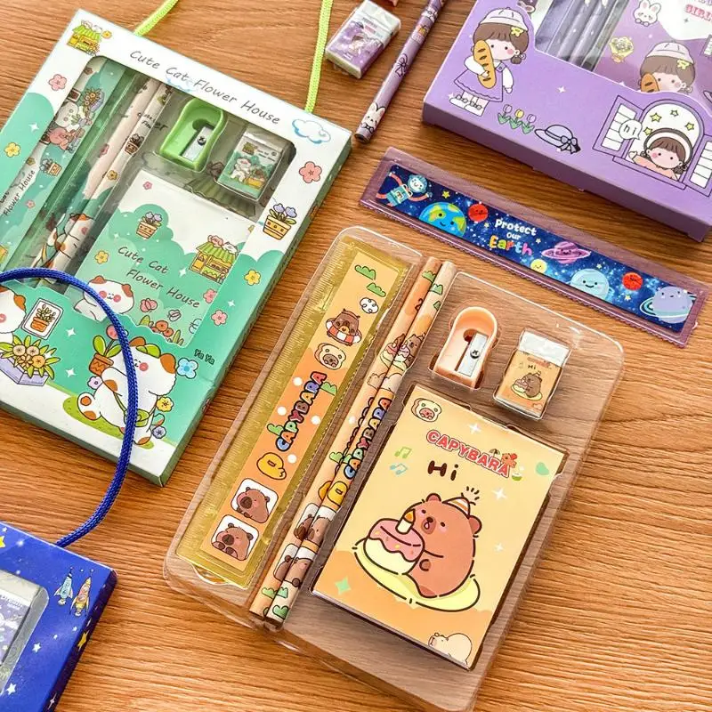 6Pcs/Set Cartoon Capybara Pencil Stationery Set Kawaii Eraser Pencil Sharpener Children Student Stationery Supplies