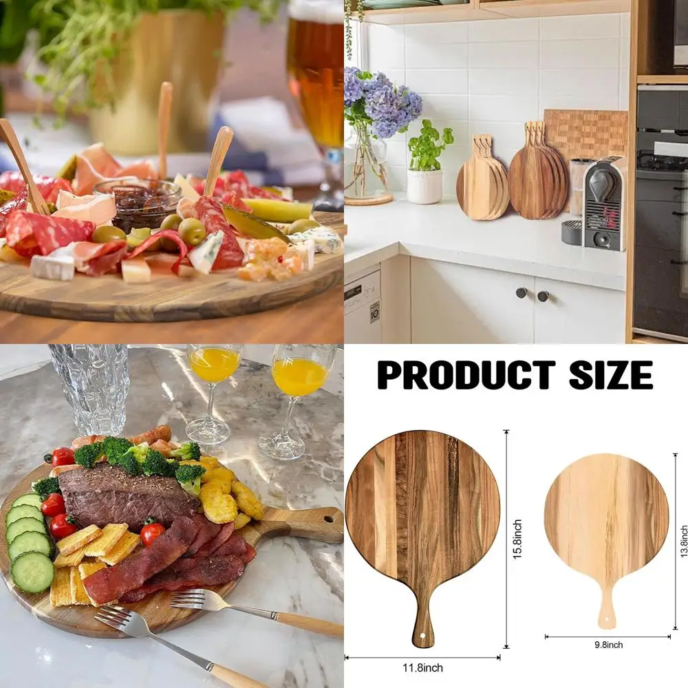 

Acacia Wood Round Cutting Boards with Handles, 2 Sizes: 12 x 16 & 14 x 10, Charcuterie Serving Trays, Chopping Paddles for Kitch