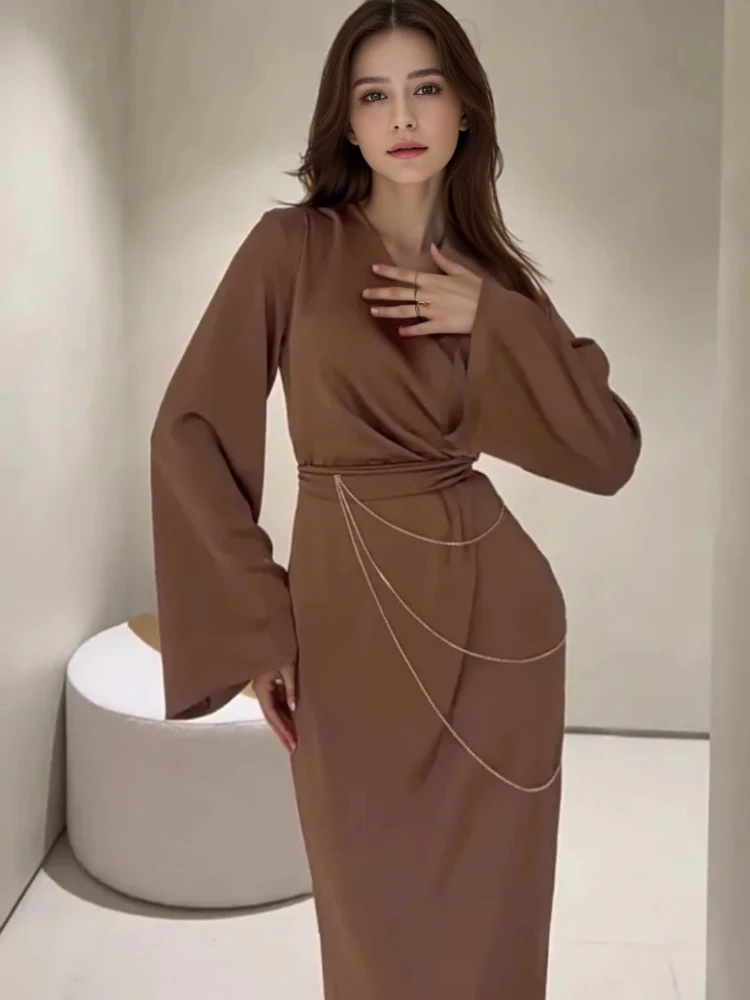 Spring Eid Muslim Dress for Women Abaya Chian Morocco Party Dresses Ramadan Lace-up V Neck Vestdios Dubai Arab Long Robe 2024