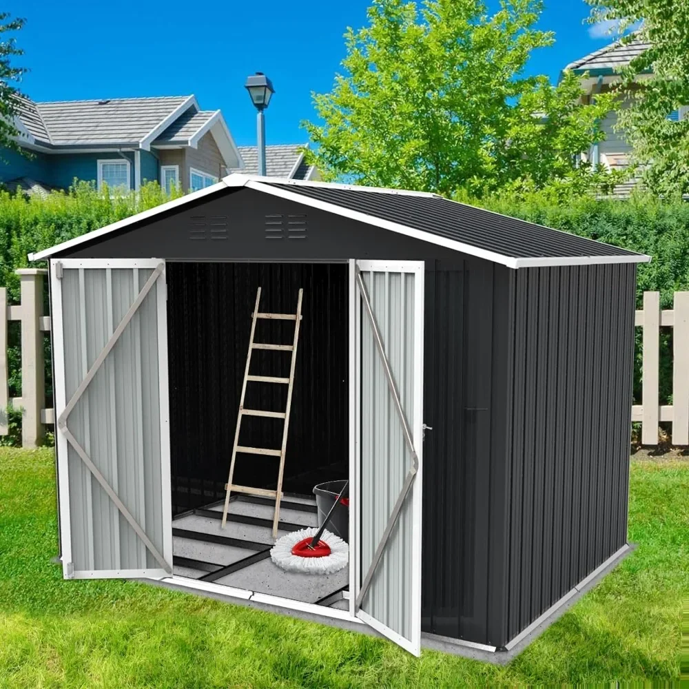 

8 x 6 ft Outdoor Storage Shed, All Weather Metal Sheds with Metal Frame Foundation & 2 Lockable Doors,Tool Shed for Garden,Patio