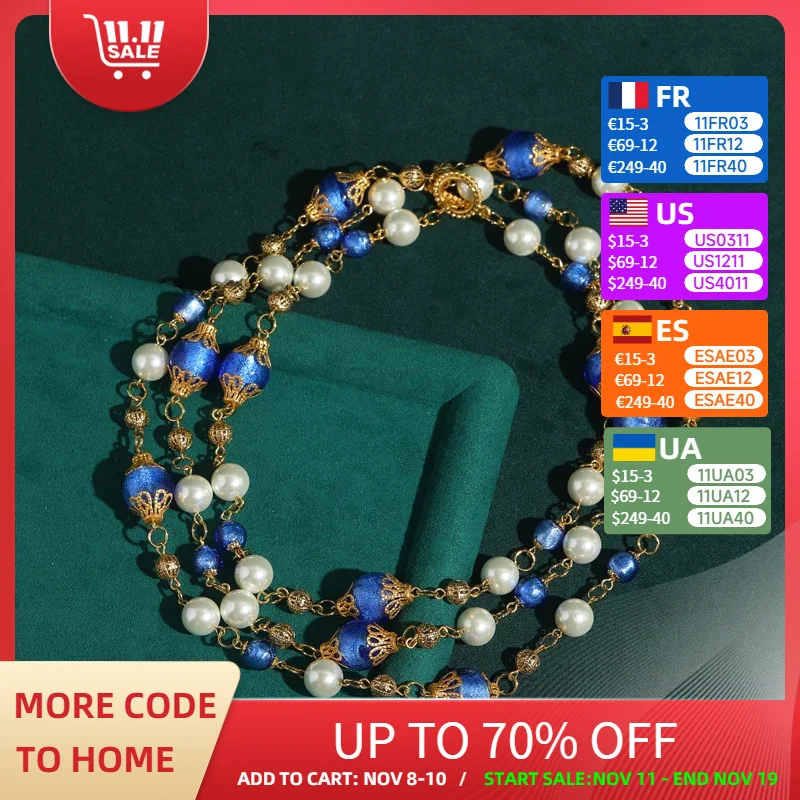 

Baroque Layered Pearl Charm Necklace Chains Blue Beads Glaze Gold Color Luxury Vintage Accessories Antique Jewelry Bridal 2025