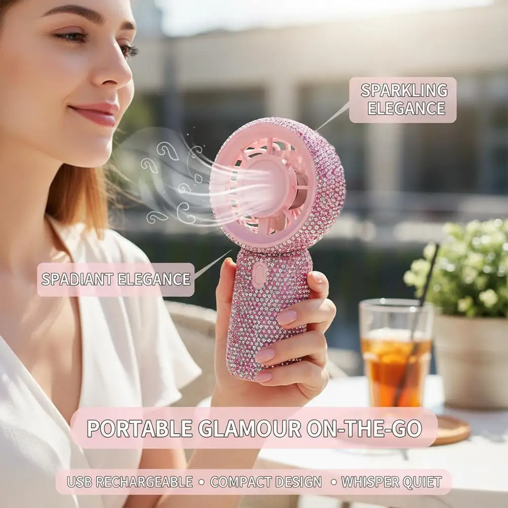 

Cute Rhinestone Mini Fan Portable Handheld Fan Lightweight Handy Fan Pocket Size Low Noise Electric Fan Outdoor Handheld Fan