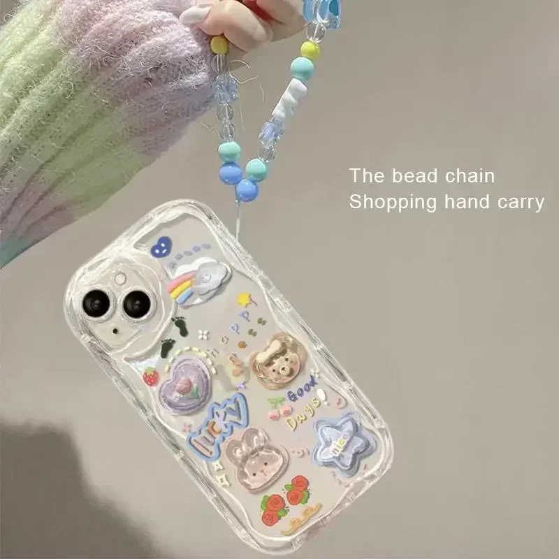 Clear Korean 3D Bear Rabbit Hang Cute Phone Case for IPhone 15 14 13 12 11 Pro Max Plus XR XS 7 8 6S Lanyard Bracelet Wavy Cover