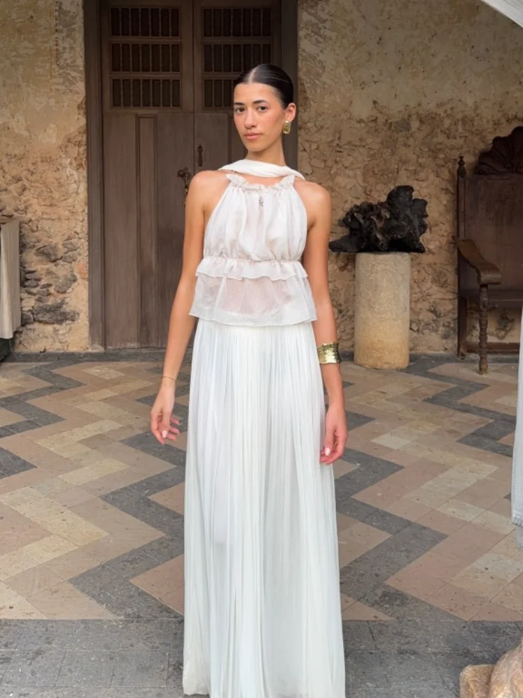 

Women's Elegant Boho Dress Suit Chic Halter Ruffle Top Casual Pleated Maxi Skirt Set 2-piece 2026 New Lady Flowy Summer Outfit