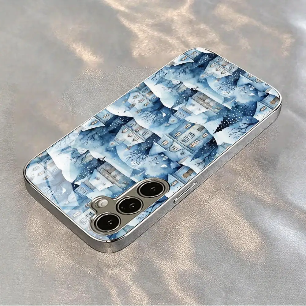 Winter Snow Scenery Village Silver Electroplated Glass Phone Case For Samsung Galaxy S25 Ultra S24 S23 S22 Plus Hard Back Cover