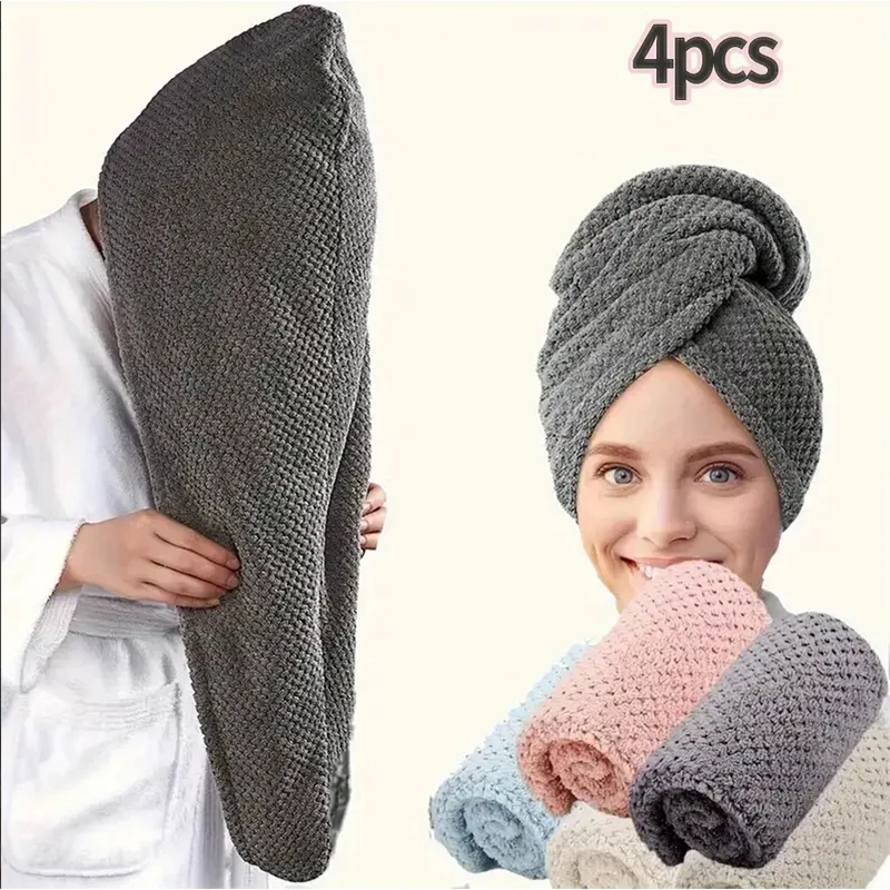 

4pcs Ultra-Soft Hair Towel Microfiber Quick Dry Super Absorbent Wrap For Gentle On Frizzy Or Damaged Hair Bathroom Towels