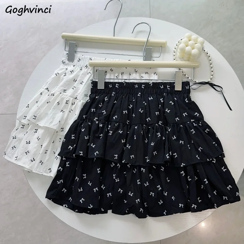 

Sweet Skirts Women Chic High Waist Cake All-match Daily College Bow Printed Popular Ins Summer Trendy Mini Mujer Young Harajuku