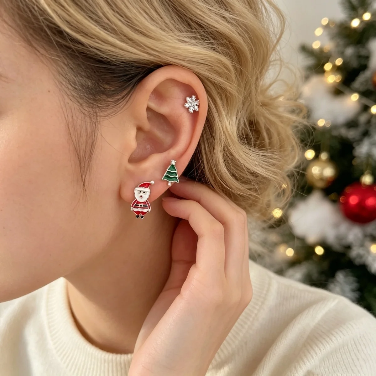 12/20 Paar kleine Ohrstecker mit Weihnachtsmotiven wie Weihnachtsbaum, Hirsch, Schneeflocke, Weihnachtsmann, Schneemann, Lebkuchenmann, Pinguin für Damen, Schmuck. – Detail 8