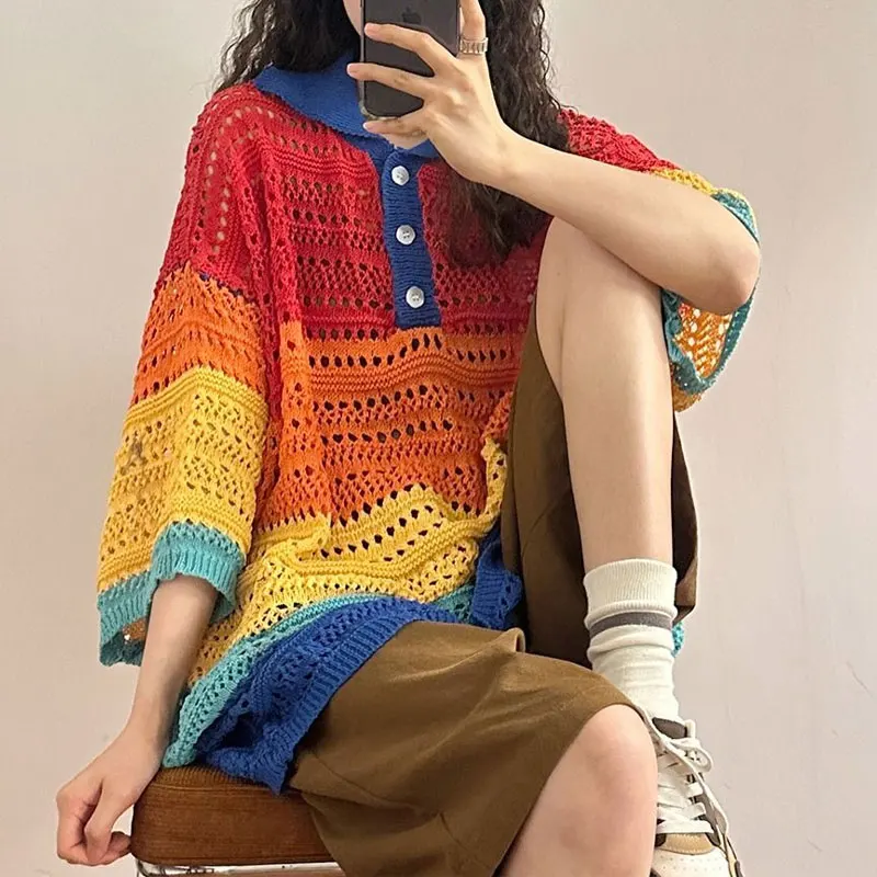 American Retro Summer Color Striped Knitted Pullovers Stylish Polo-Neck Button Female Clothing Commute Casual Loose T-shirt New