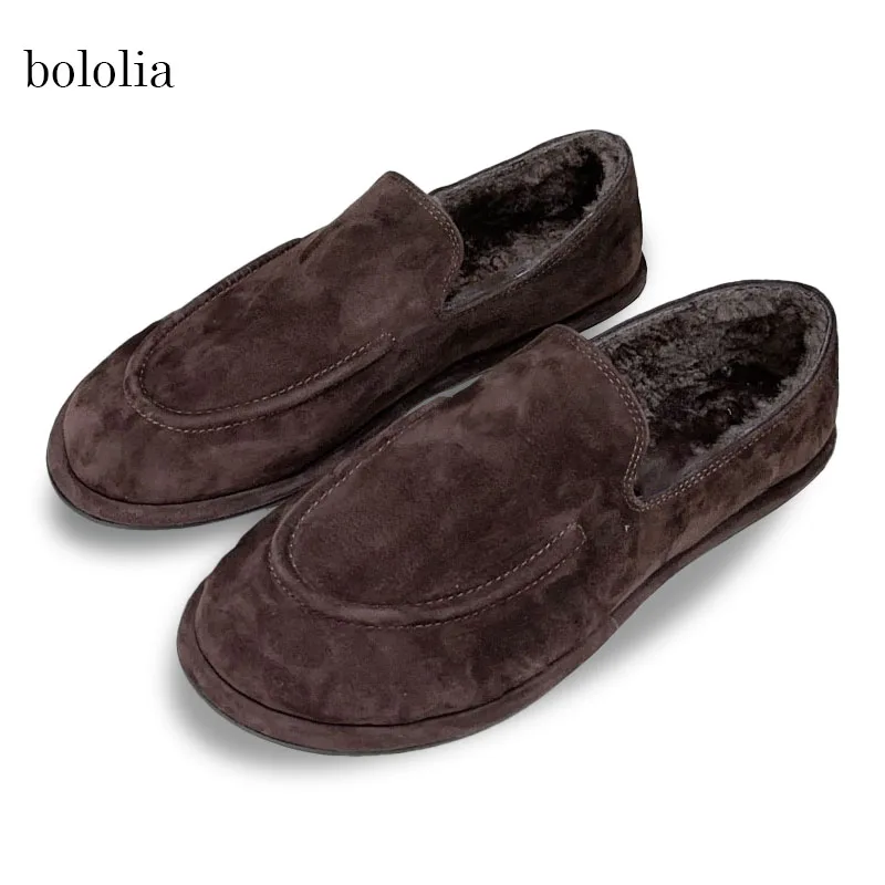 bololia High Quality Wool Suede Leather Loafers Women's Flat Casual Fur Shoes Slip On Single Shoes Warm Ballet Flats Shoes