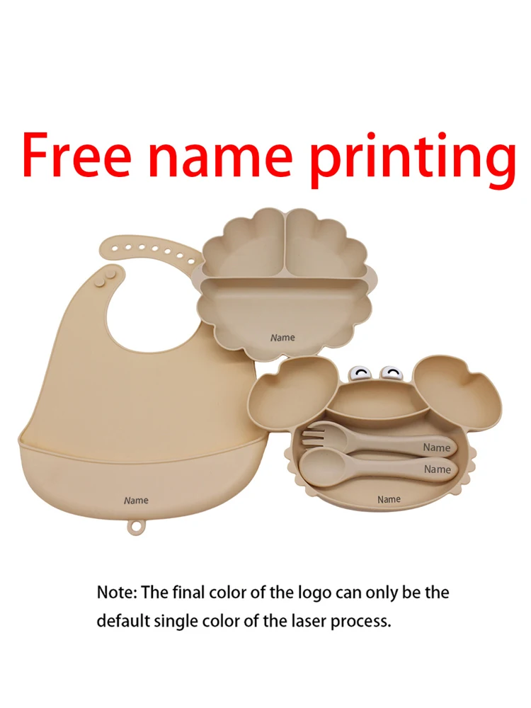 Ensemble de vaisselle pour enfants avec impression de nom gratuite: bavoir, assiette, fourchette, cuillère, matériau en Silicone, cadeau personnalisé