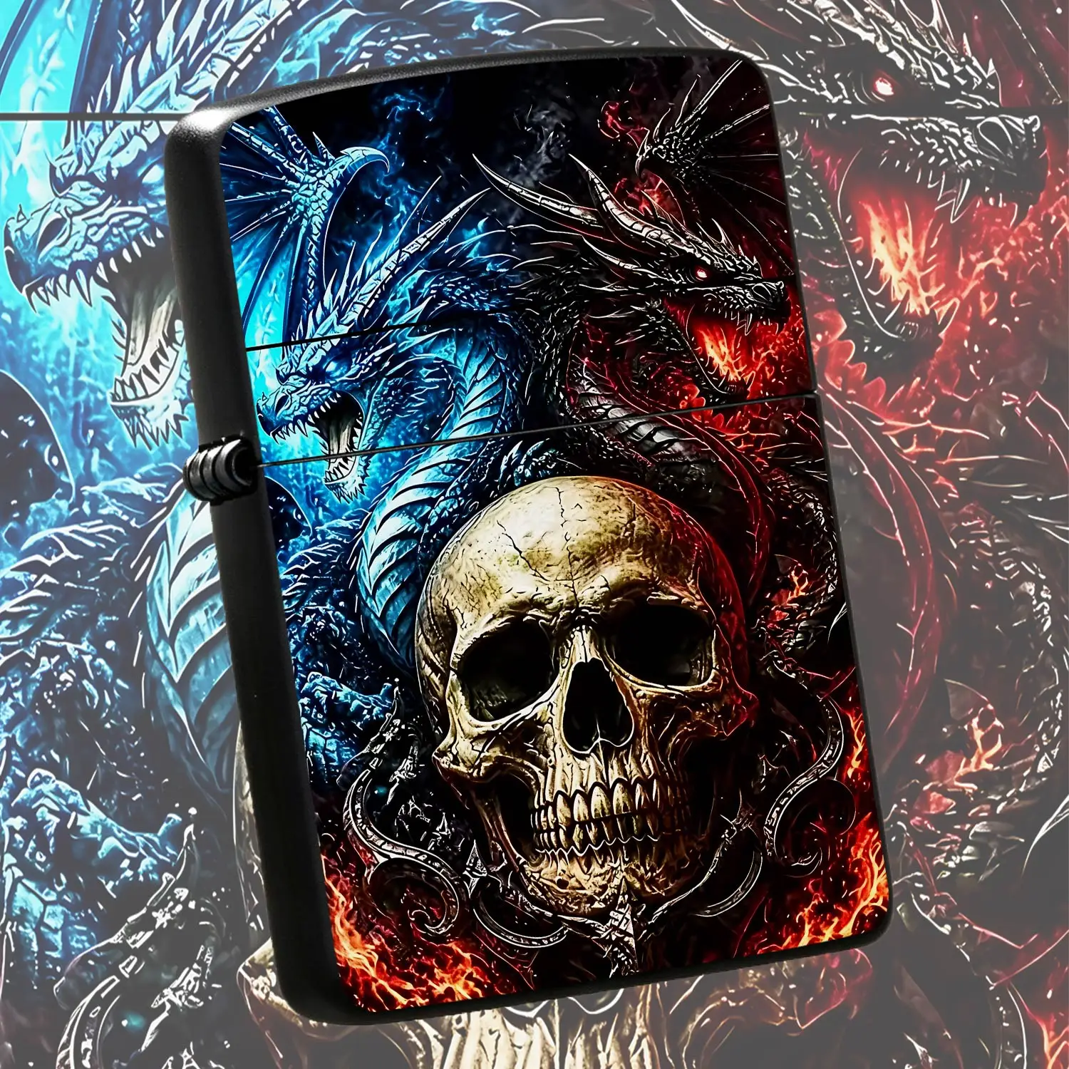 Vintage Skull Lighter with Icy Blue and Blazing Red Dual Dragons Pattern, Stylish Dark Aesthetic Collectible, Perfect for Daily Use Outdoor Gathering Gifting, Unique Edgy Decor Accessory for Fantasy Dragon Enthusiasts A Humorous And Interes