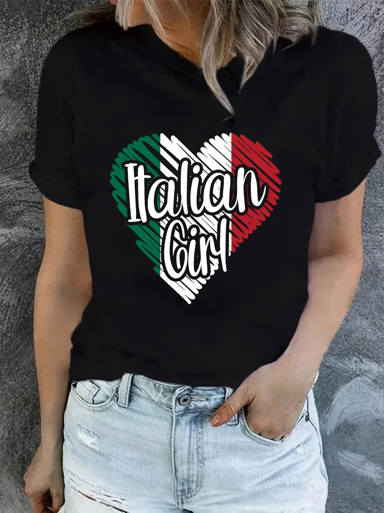 Women Summer Original Bestselling Fashion Tops Round Neck Short Sleeves Italian Creative Heart shaped Flag Graphic T-Shirt