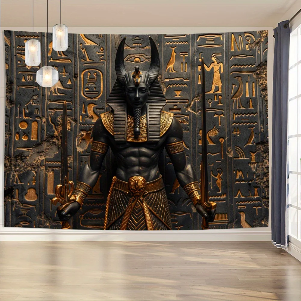 Ancient Egyptian Tapestry Featuring Anubis with Hieroglyphics for a Majestic Wall Decor