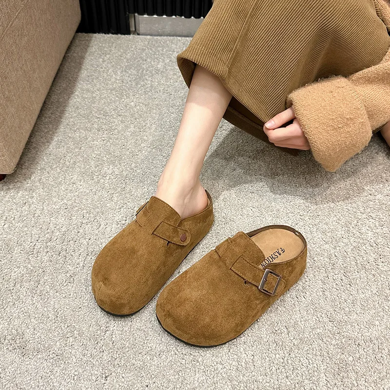 2025Spring New Women's Shoes Fashion Suede Leisure Slippers Retro Baotou Half Slippers for Women Outdoor Non Slip Beach Slippers