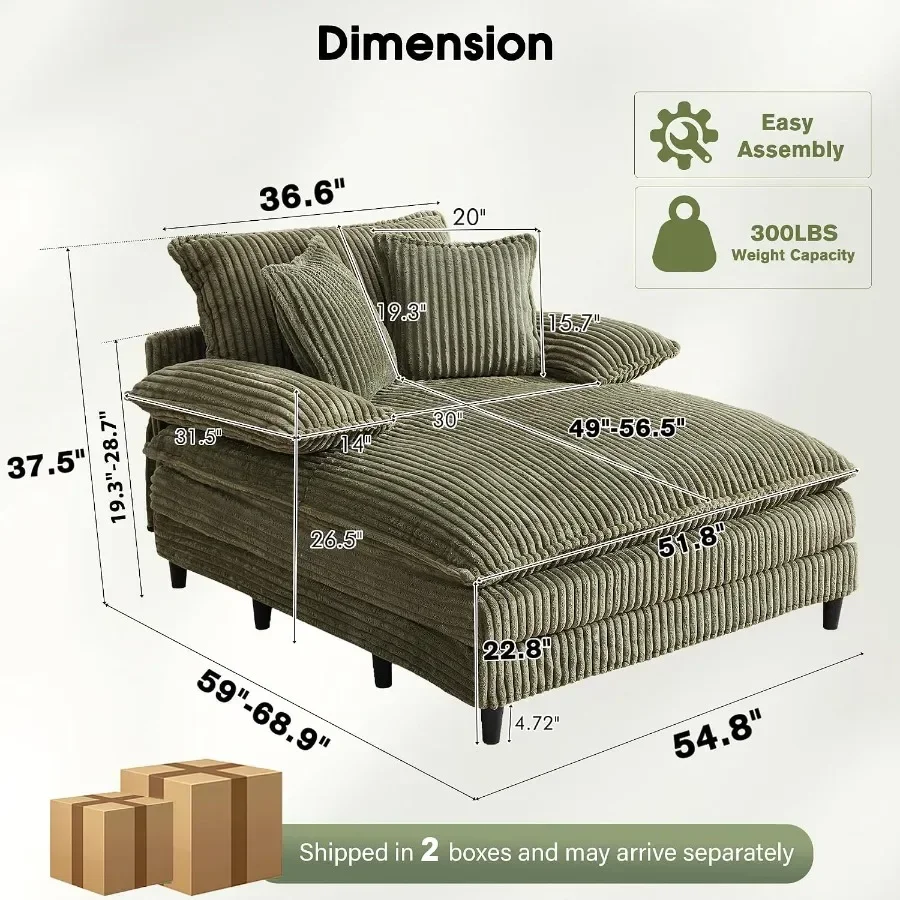Oversized Chaise Lounge Sofa Couch with 5-Position Adjustable Backrest, Corduroy Sleeper Chair Sofa Bed, Reading Chair with Dee