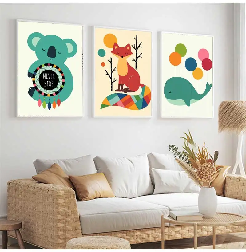 Canvas Painting Nordic Child Poster Fox Elk Raccoon Koala Cartoon Animal Print Modular Wall Art Pictures for Kids Room Decor