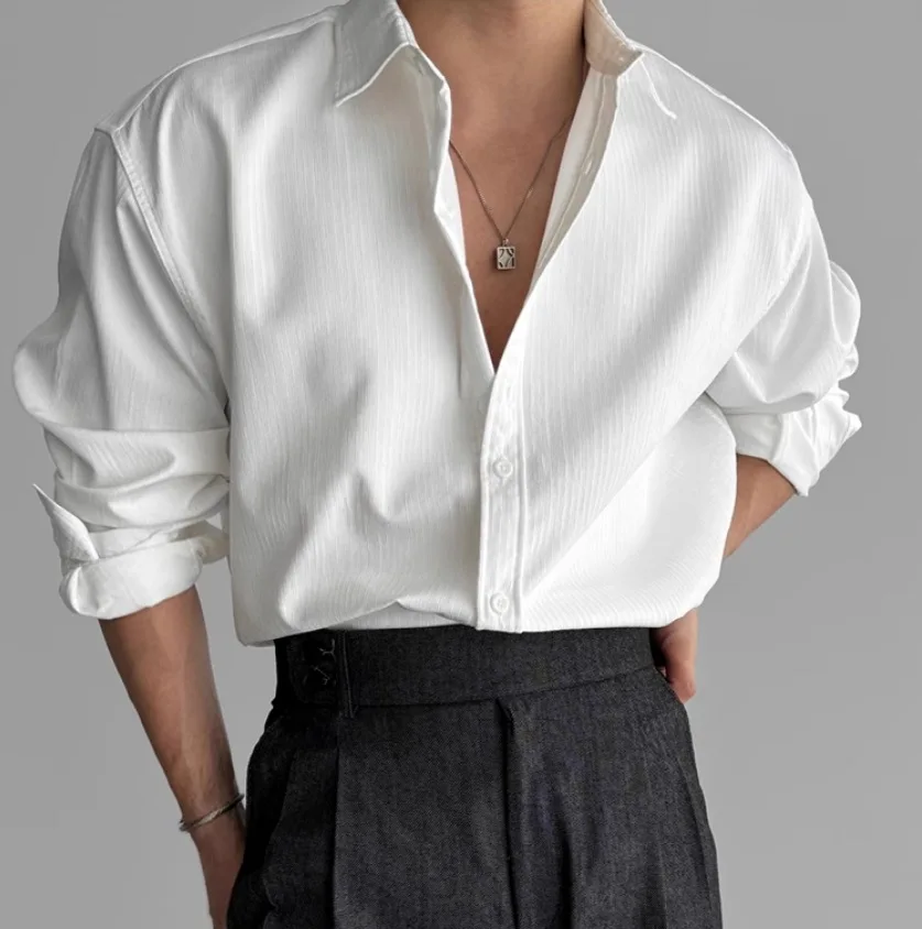 

Men's Shirts 2026 Spring Autumn Premium Textured Office Business Shirt Solid Color Loose Long Sleeve Casual Niche Dress Shirt