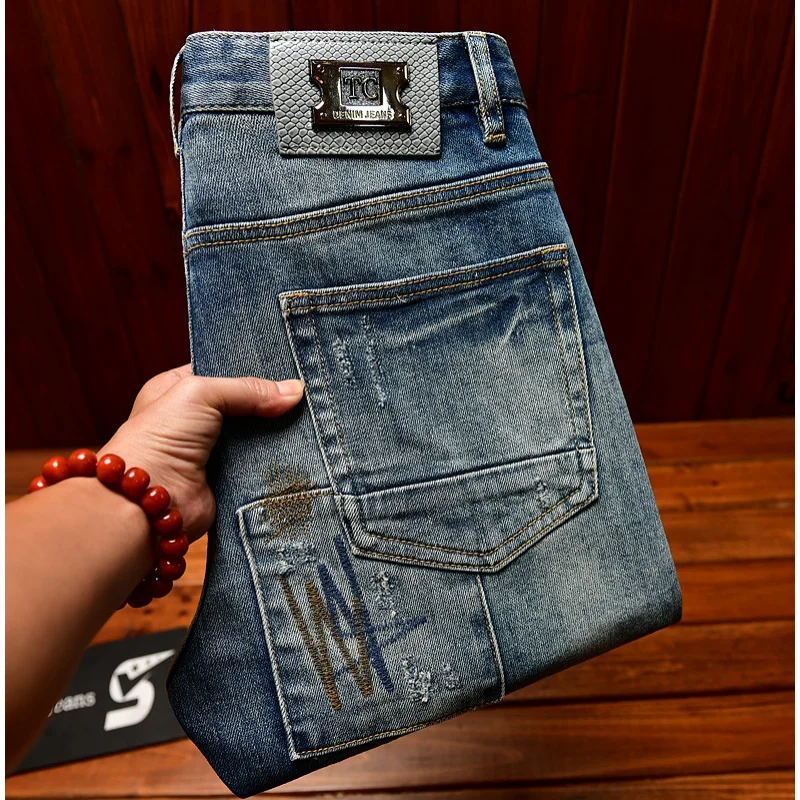 

Мужские джинсы с рваными дырками, ретро-тренд сращивания, уличная ностальгия, индивидуальность, красивый, облегающий крой, маленькие брюки