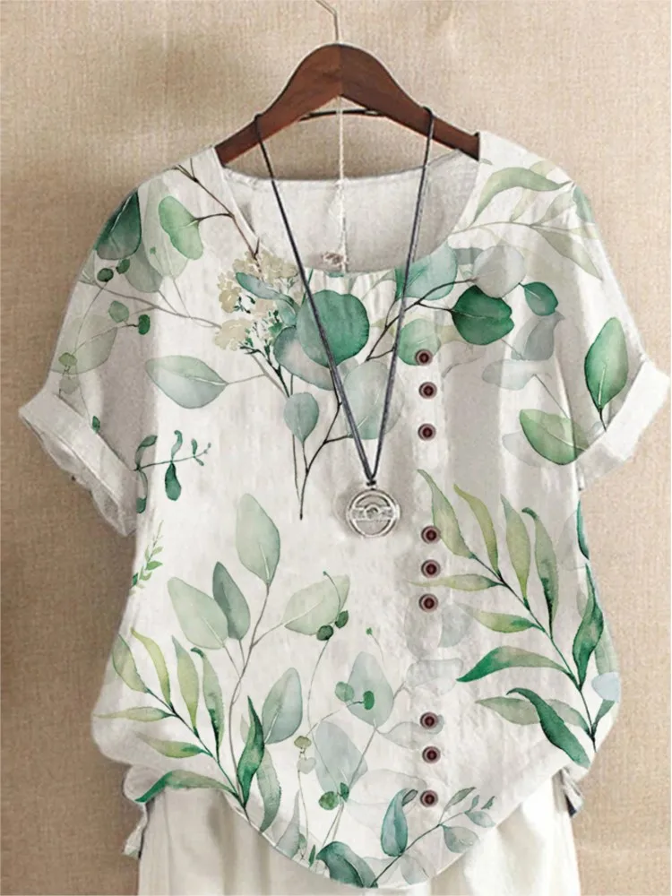 Summer O-Neck Short Sleeve Retro Floral Printing Loose Blouse Top 2024 Fashion Women Buttons Casual Shirts