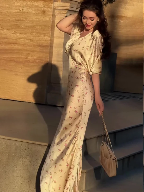 Ele imprimé fleuri V-Ne ort Sve Dr femme taille haute Fi Tail jupe longue moulante coton Polyester mélange Dr