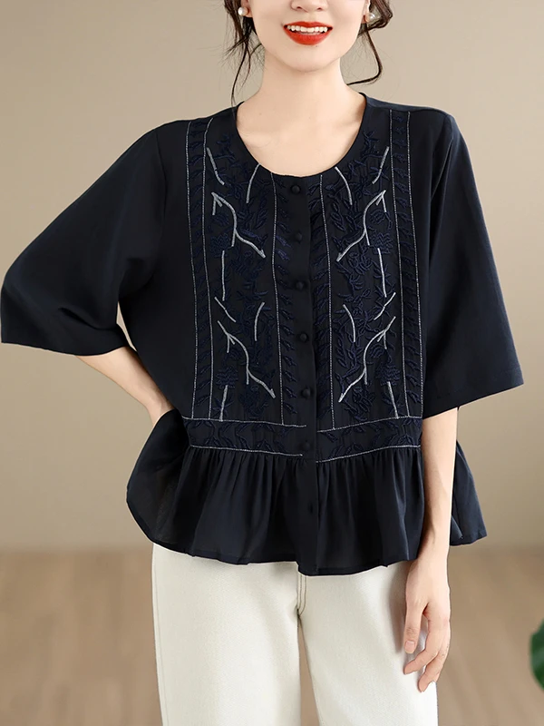 

Artistic Style Women's Shirt Half Sleeve Embroidered Heavy Work Lace Trim Midi Length Casual Fashion Summer Season Clothing