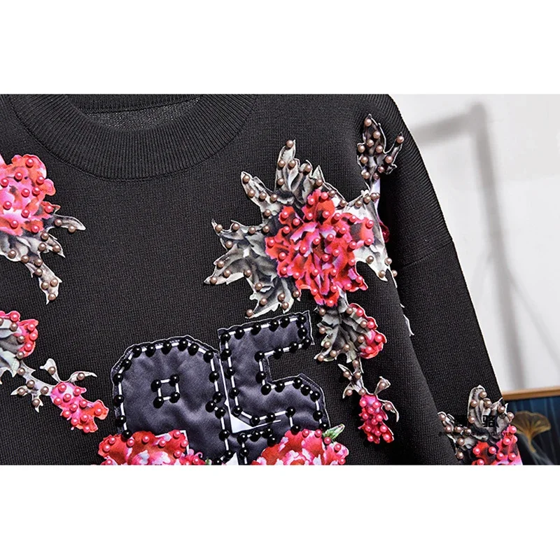 

Heavy Work Beading Flower Knitted Tracksuits Women Black Outfits Autumn Loose Casual Pullover Sweater Pencil Pants Set Female