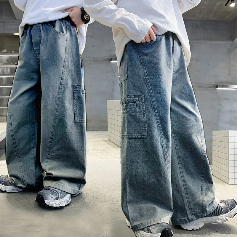 

Korean Child Fashion High Street Jeans Trousers Vintage Blue Big Boys Jeans With Pocket New Spring Kids Thick Cotton Denim Pants