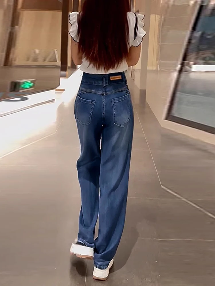 

Женские джинсы из денима, весенние, тонкие, больших размеров, свободные, прямые, для невысоких, стройнящие, с высокой талией, из ледяного шелка, широкие брюки