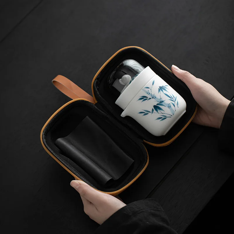 Hand-painted Sheep Fat Jade Porcelain Travel Tea Set Outdoor Portable Bag Quick Tea Cup One Pot Three Cups Tea Set Small Set