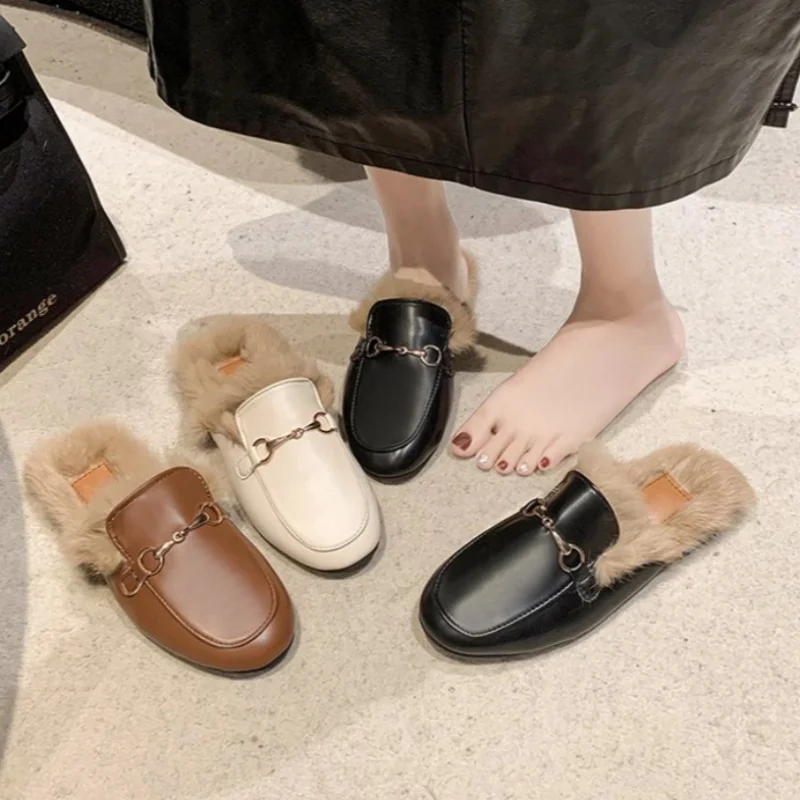 ​mules women\'s 2024 Winter Women warm Slippers Band Slides Non-Slip Cotton Furry Women Flip Flops chinelos sandalia plana