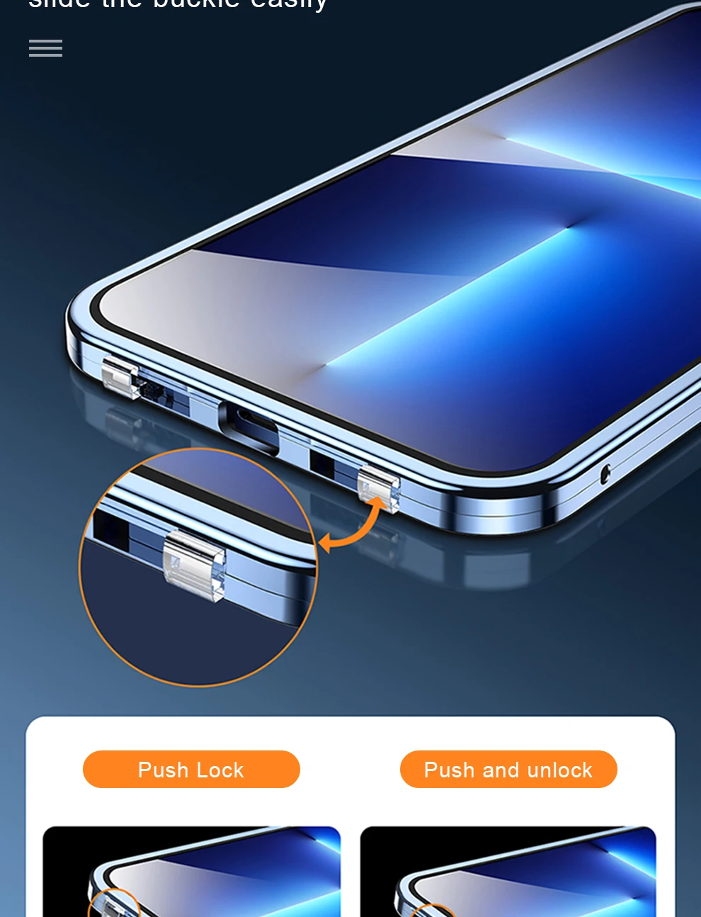 360 ° Vollständiger Schutz aus Metall, magnetisch, doppelseitig, Glas-Snap-Lock-Hülle für iPhone 16 Pro Max, 14, 12, 11, 13, 15 Pro Max, Stoßstangenabdeckung – Detail 6