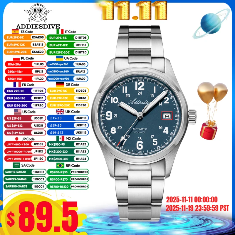 

ADDIESDIVE 39mm Men's Vintage Watch BGW9 Super Luminous Sapphire Crystal 20Bar Waterproof Automatic Mechanical Watches Reloj