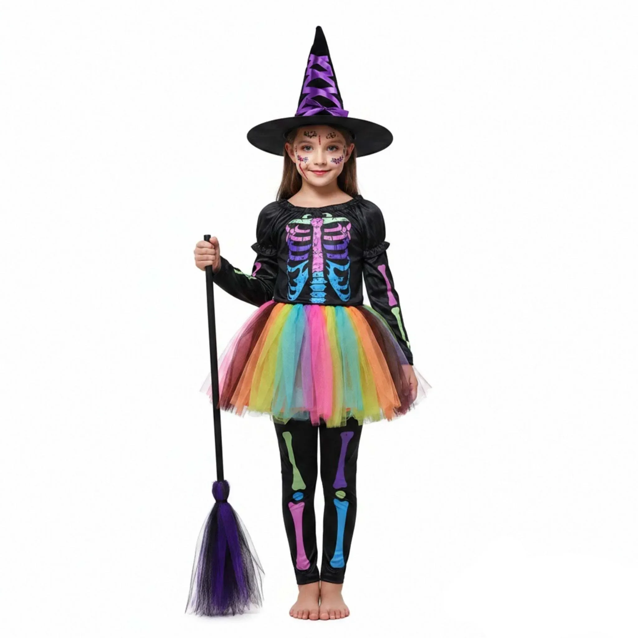 2026 Mädchen Skelett-Rose Punk Cosplay Kleid mit Hose Set Knochen-Print Kinder-Outfit für Halloween Bühnenparty Verkleidungskostüm – Detail 1