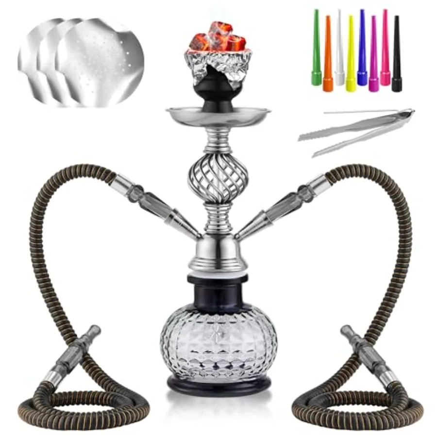 

12'' Hookah Set 2 Hose Hookah Set With Everything - Modern Shisha Hookah Glass Vase Hollow-Carved, Hookah Foil, Hookah Tips Bla