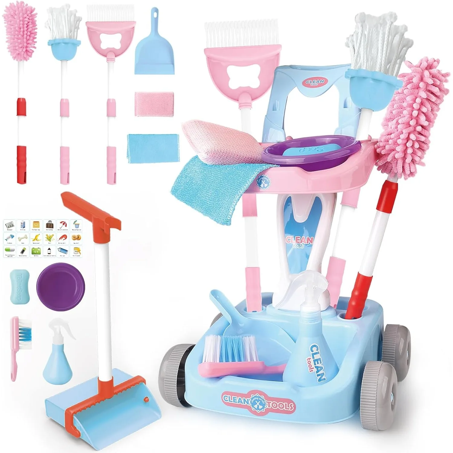 Giocattoli per bambini Set per la pulizia Bambini Giochi di finzione Pulizia della casa Playset Scopa Paletta Mop Spolverino Strumenti per la pulizia Giocattoli per ragazzi Ragazze