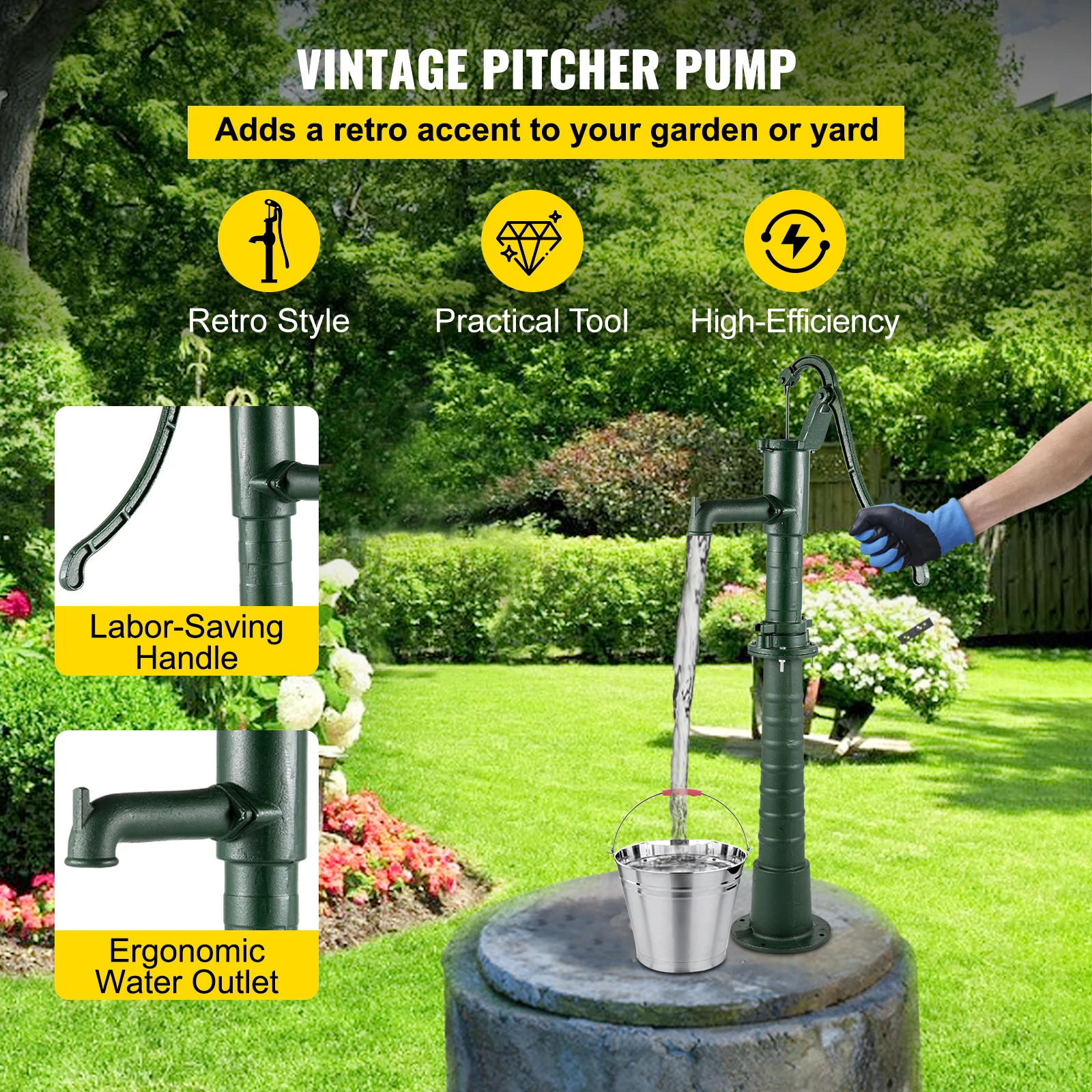 VEVOR Hand Water Pump with Stand 15.7 x 9.4 x 51.6 inch Pitcher Pump & 26 inch Pump Stand for Yard, Garden, Farm Irrigation Use