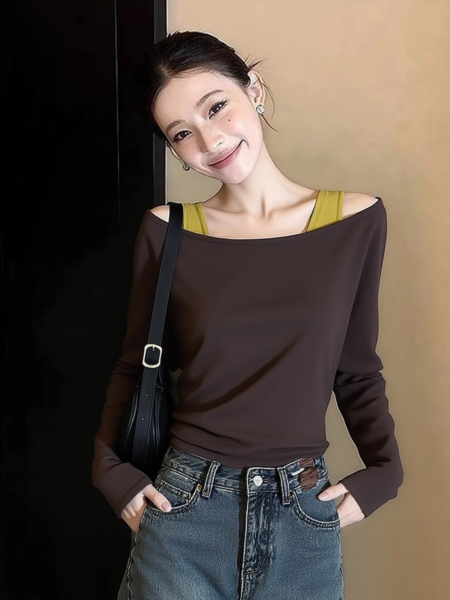 

Ele Faion Long Sve T-irt Set Casual Layering Vest Two-Piece Suit Spring Commute Korean Sle Slim Fit Pure Color