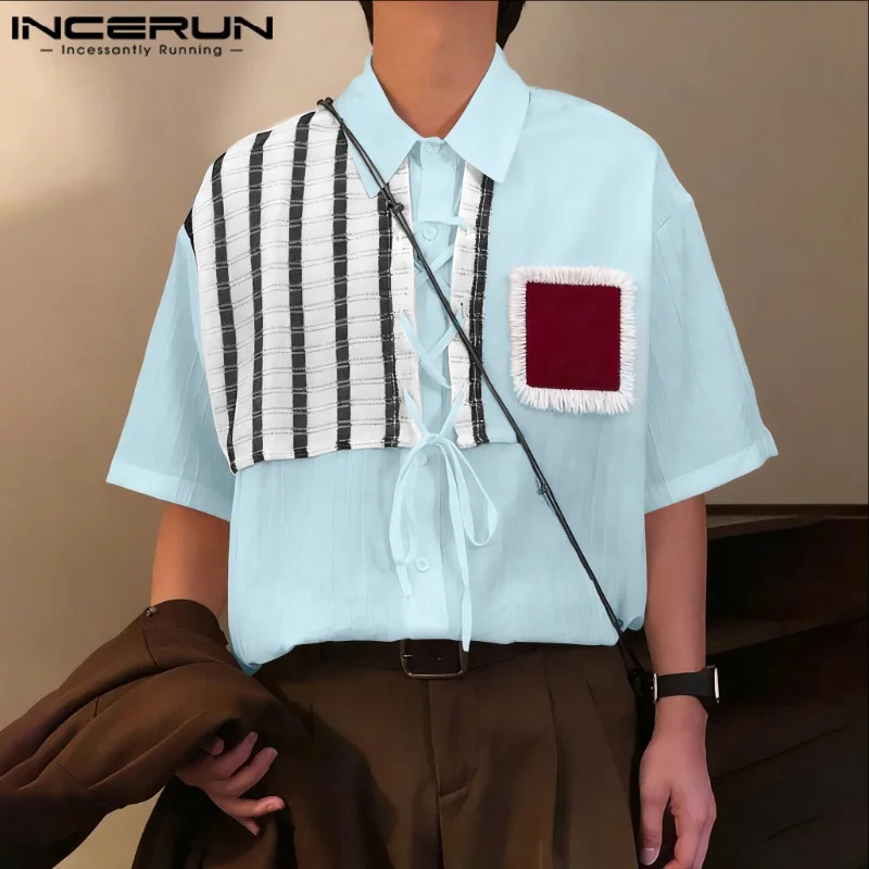 INCERUN Men Shirt Patchwork Color-block Lapel Short Sleeve Men Clothing Streetwear Loose Korean Style Fashion Casual Tops S-5XL