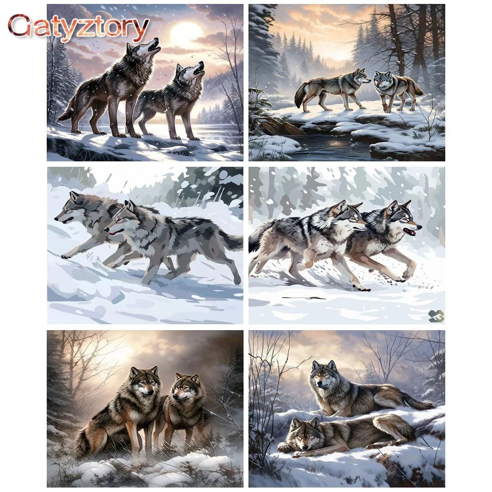 Gatyztory pintura a óleo por número pacote de lobo de inverno em tela diy animais kit de pintura acrílica imagem pintada à mão de colorir por num