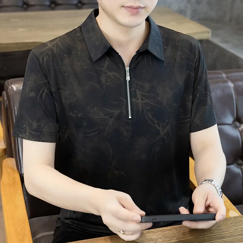 Summer Men's Abstract Plant Print Polo Shirt Short Sleeve Half Zip Turn Down Collar Casual Business Top