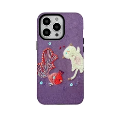 Purple Embroidered Wind Goldfish Cat Phone Case for IPHONE 16 15PRO MAX 14 13 12 11 Acrylic TPU Two in One Magnetic Phone Cases