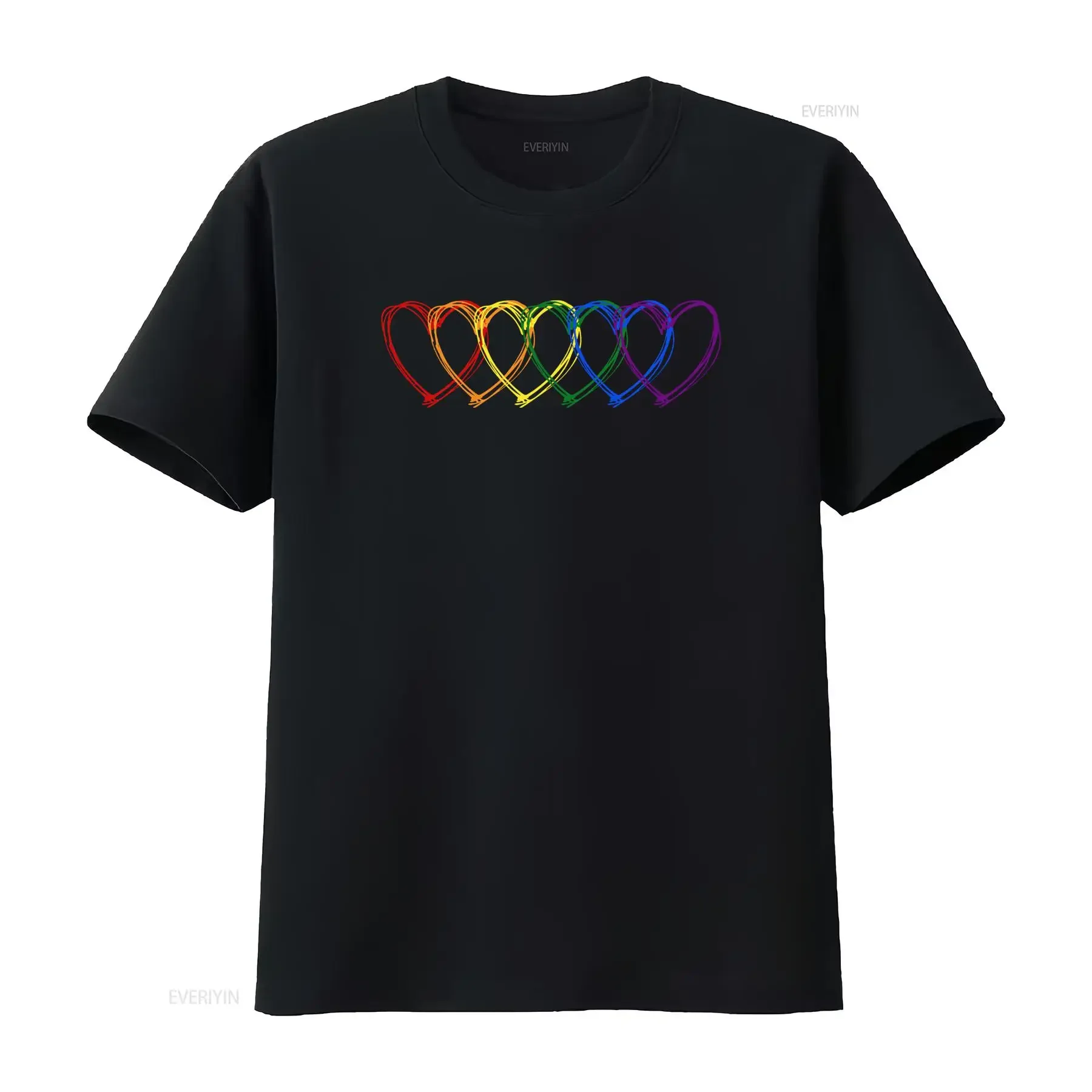 LGBTQ Pride Rainbow Connected Hearts Line Art Print Casual T Shirt vintage Washed Slightly Stretched Unisex Versatile fashion