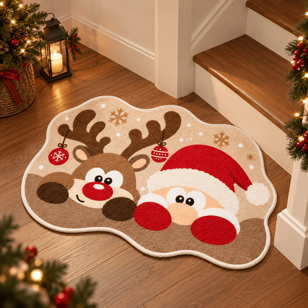 Small Size Irregular Xmas Doormat Snow Cabin Village Poinsettia Holly Berry Pattern Absorbent Anti Slip Mat For Doorway