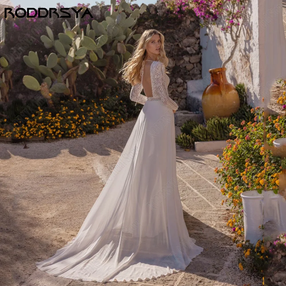 RODDRSY Sexy Backless Wedding Dresses For Woman Chiffon A-Line Bride Party Gowns Civil Long Sleeves Lace 2024 robe de mariée