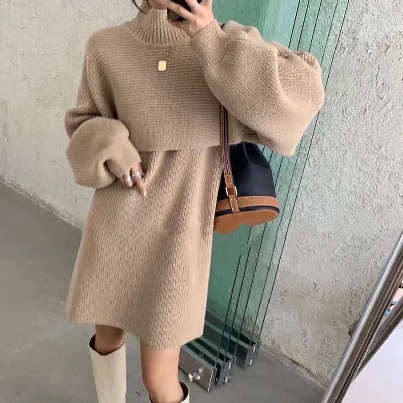 Autumn Winter Loose Knit Solid Pullover 2 Piece Set Women Fashion Turtleneck Sweater Jumper+Elegant Vest Dress Suit Office Lady