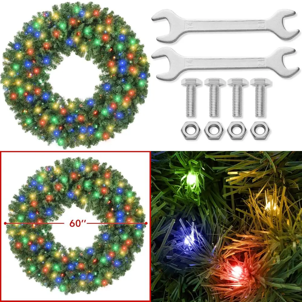 

Искусственный рождественский венок из сосны длиной 60 дюймов с 300 светодиодами, подходит для двери, окна или каминной полки