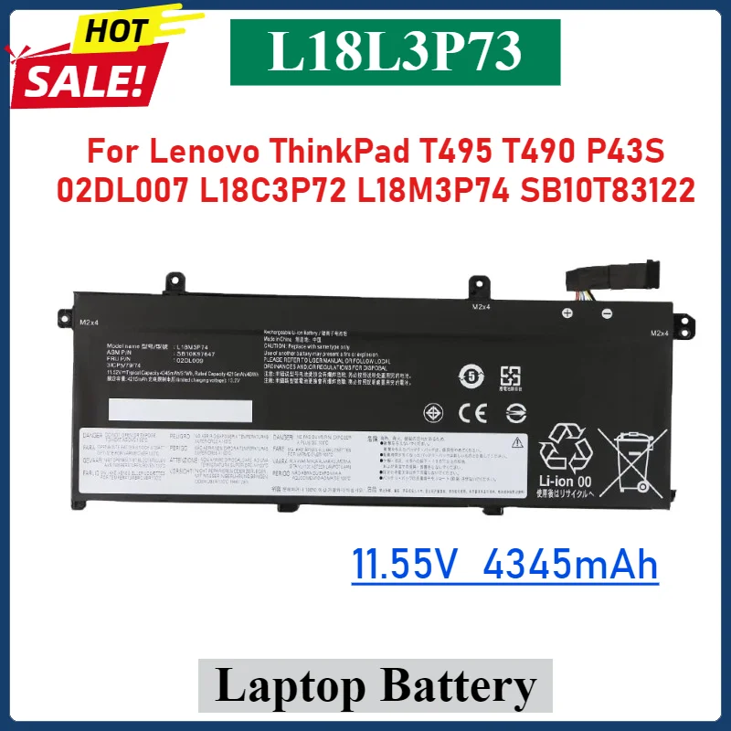 L18L3P73 L18M3P73 Laptop Battery For Lenovo ThinkPad T495 T490 P43S 02DL007 L18C3P72 L18M3P74 SB10T83122 Laptop Parts