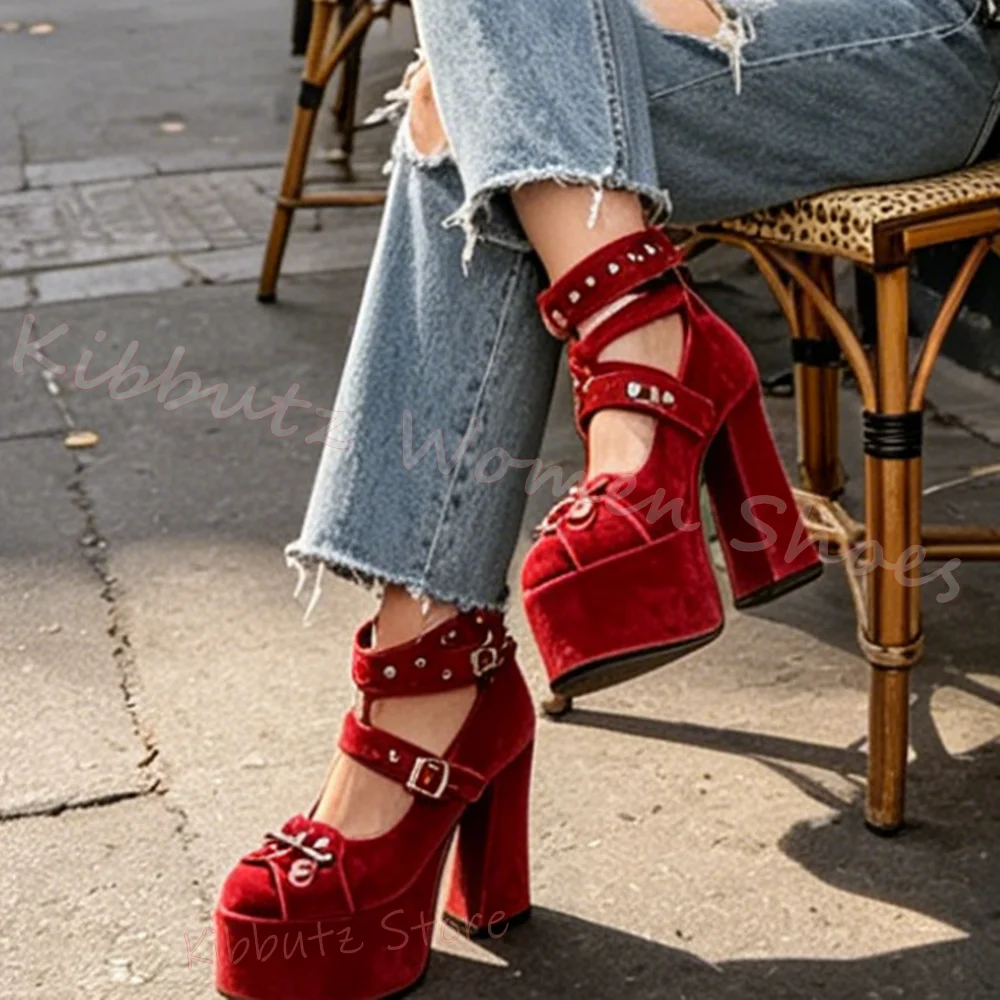 Mary Jane Shoes Women Velvet Platform Pumps Spike Studs Chain Ankle Strap Round Toe Chunky Heel Punk Rock Style Gothic Fashion
